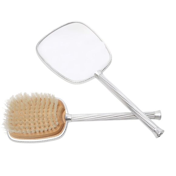 Vintage Vanity Dressing Table Brush Mirror Set England Metal Silver Wood - Picture 7 of 13